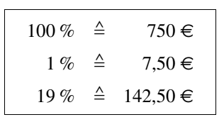 Prozent- und Eurowerte in einer Tabelle mit 100 %, 1 % und 19 %